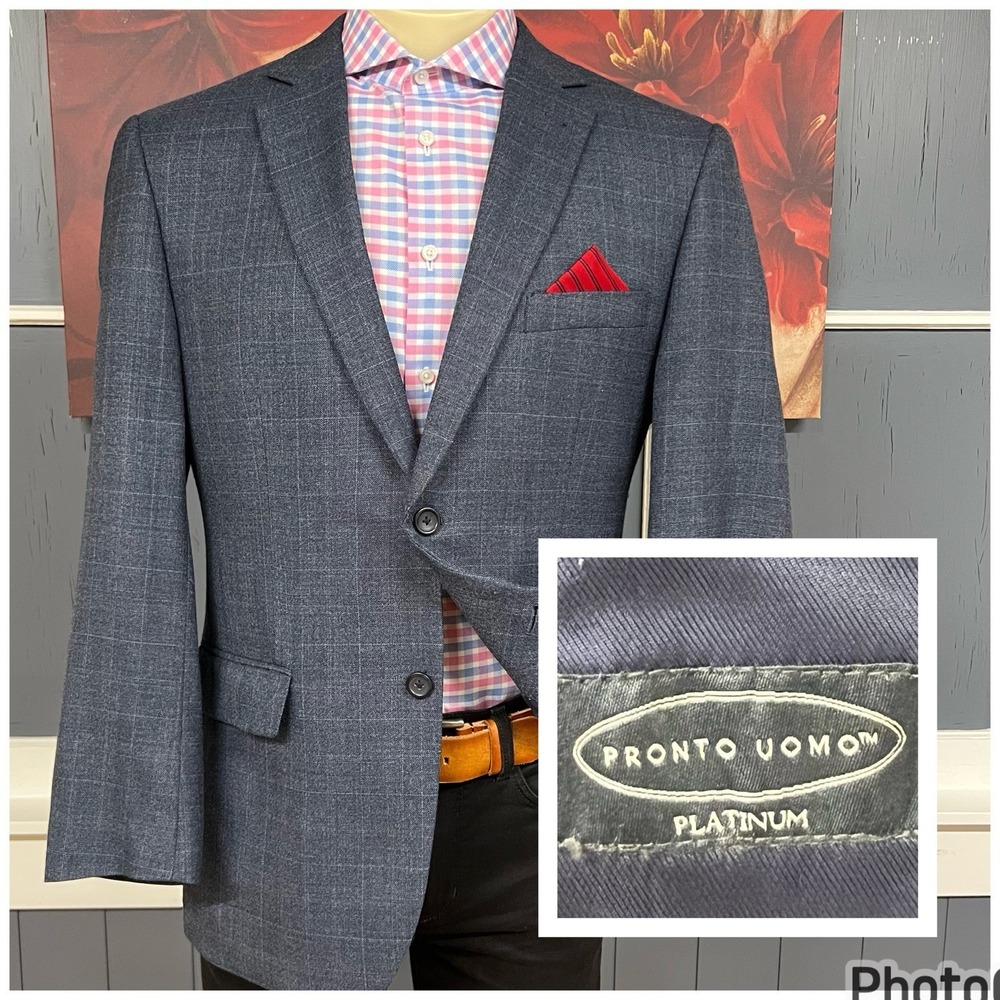 Pronto Uomo Sport Coat Blazer Jacket‎ Mens 42R Wool Rayon Blue Plaid Flannel